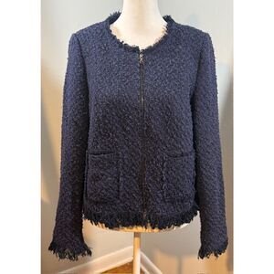 Rebecca Taylor Navy Tweed Fringe Blazer Jacket Size 12 Quiet Luxury Old Money